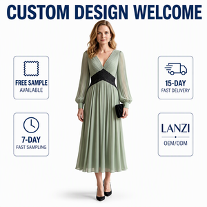 Maßgeschneidertes Damen-Kirchenkleid Elegant Vintage Formell Maxi Atmungsaktiv Digital-Druck Spitze Übergröße Langarm V-Ausschnitt Chiffon - Product Image 1