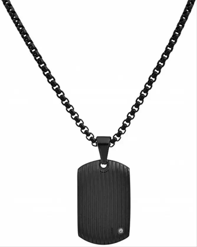 Stainless Steel Men's Dog Tag Necklace with Cubic Zirconia Stone