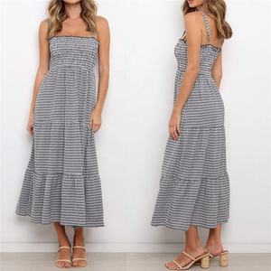 Salida de fábrica verano largo deslizamiento ropa casual a cuadros 100% poliéster camisola correa de espagueti mujeres vestidos causales - Product Image 5