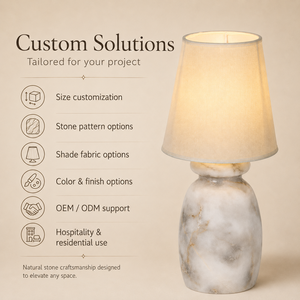 Lampe de table de chevet personnalisée de luxe avec base en pierre naturelle et abat-jour en tissu pour chambre à coucher, hôtel, villa, projet d'éclairage intérieur - Product Image 6