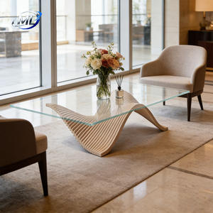 Mesa de Centro Moderna Estilo Farmhouse en Oferta, Mesa Cuadrada Grande con Tapa de Vidrio y Mármol, Base de Resina y Madera, Duradera para Interiores/Exteriores, Hotel, Hogar, Jardín - Product Image 3