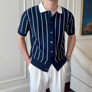 Men's Knit Striped Polo Collar Neck <strong>Shirt</strong> Sweater Striped Short-sleeved Polos Knitted Button up Knitted <strong>Shirt</strong> for Men - Product Image 5