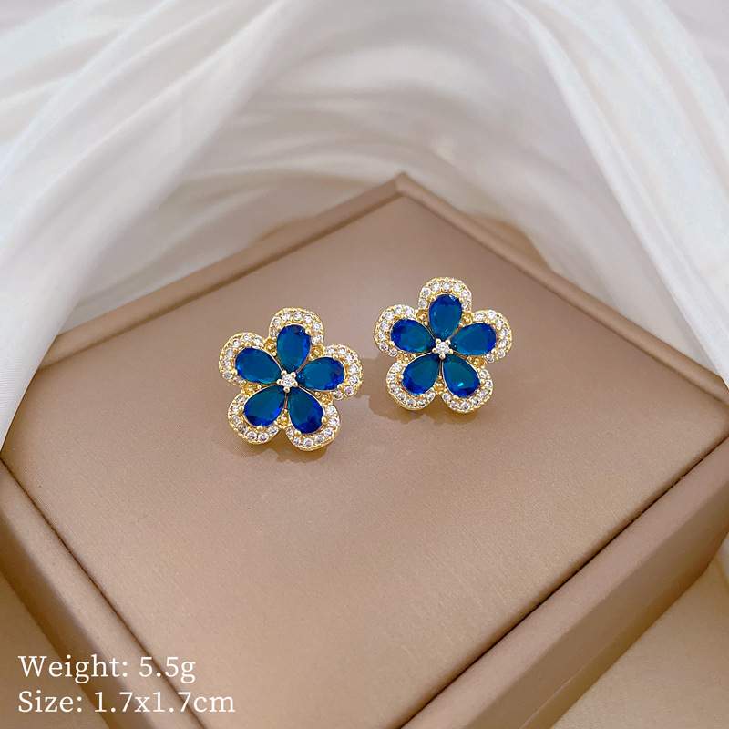 Boucle d'oreille bleue D322 [aiguille en argent, cuivre plaqué or véritable]]