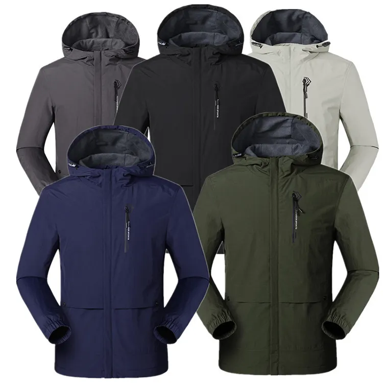 Men super waterproof effect zipper softshell jacket brushed thin velvet lining hooded warm jacket with zip pocket