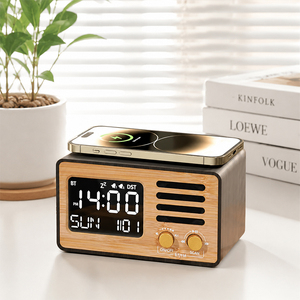 Office Room Led Display Table Wireless Charger Station Vintage BT Speaker <strong>Electronic</strong> FM Radio Bamboo Wood Desk Digit Alarm Clock - Product Image 1