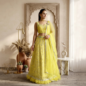 Ensemble Lehenga Choli brodé jaune pour femmes, tenue de mariage indienne traditionnelle, robe longue en polyester, coupe classique - Product Image 1