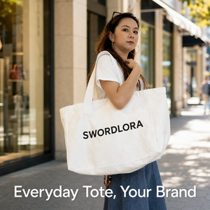 Sac fourre-tout en toile noire personnalisé avec logo, ruban et poignées en corde, marque SWORDLORA, sac promotionnel imprimé pour cadeaux - Product Image 2
