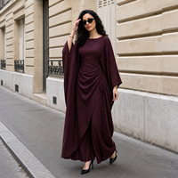 Set Abaya Dua Potong Mexizo untuk Wanita, Atasan Lengan Lonceng Panjang dan Celana Kaki Lebar dengan Desain Tali Serut Samping yang Dapat Disesuaikan, Model Longgar
