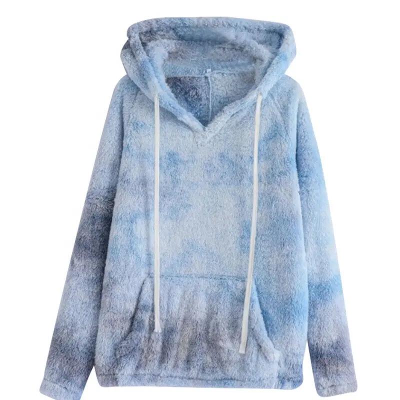 Womens Oversized Pullover Hoodie Tops with Pockets Fuzzy Fleece Sweatshirt Ladies Winter Fluffy Fleece Tie Dye Sweatshirts