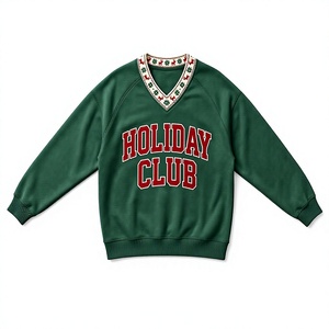Sweat-shirt col en V pour femme Holiday Club, vert, en coton tricoté, décontracté, pull d'hiver avec imprimé lettres sur le devant - Product Image 1