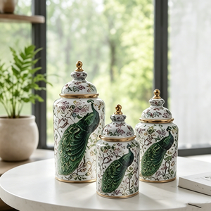 Ensemble de boîtes de rangement vintage en porcelaine brillante motif paon et fleurs, avec bouton doré, pour décoration intérieure - Product Image 5