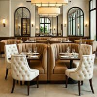 Mobilier de restaurant exclusif vintage marron en bois de bistrot, canapés banquette incurvés et rembourrés personnalisables et ensembles table-chaises