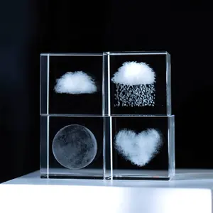 3D激光雕刻天气标志透明水晶立方体玻璃云心月雨全息图片玻璃立方体装饰CLB-C55