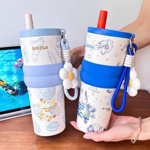 Vaso Térmico Bigcar de Acero Inoxidable 316 de Gran Capacidad con Pajita para Mujer, Diseño Mundo Submarino, Ideal para Viajes - Product Image 4