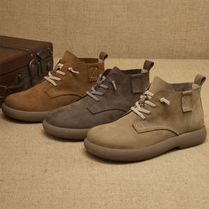 Chaussures de marche en cuir véritable pour hommes, bottes courtes à lacets en cuir grainé vintage, chaussures décontractées à semelle épaisse légère pour l'extérieur - Product Image 4