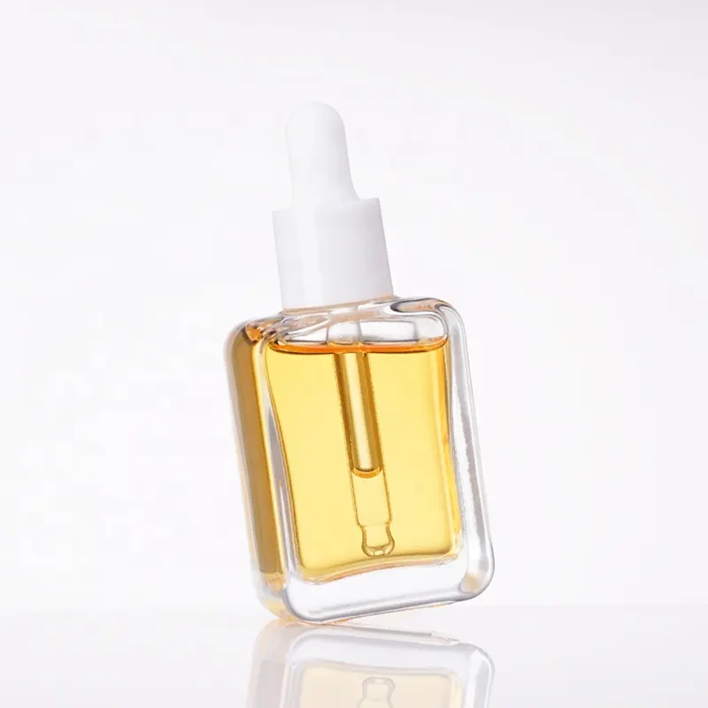 Einzigartiges Design 30ml Fancy Ätherisches Öl Quadratische Glas-Tropf flaschen für Kosmetika mit Pipette
