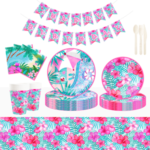 Ensemble de 8 assiettes en papier jetables à thème tropical rose DAMAI, fournitures pour fête d'anniversaire, en papier, pour 8 personnes - Product Image 1