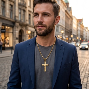 Colar com Pingente de Cruz Crucifixo Jesus em Aço Inoxidável Banhado a Ouro 18K PVD Joia Religiosa Cristã Presente para Homens e Mulheres - Product Image 2