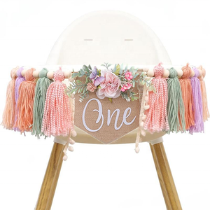 Guirlande de fleurs pour enfants de style bohème, 1er anniversaire du bébé, fête de Noël, durable, en laine, perles en bois, drapeau d'anniversaire - Product Image 1