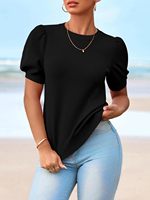 Chemisiers Femme Printemps-Été 2026 – Pulls Tricotés à Manches Courtes Bouffantes, Col Rond, Couleur Unie, Blouses Décontractées Tendance en Viscose Lavable