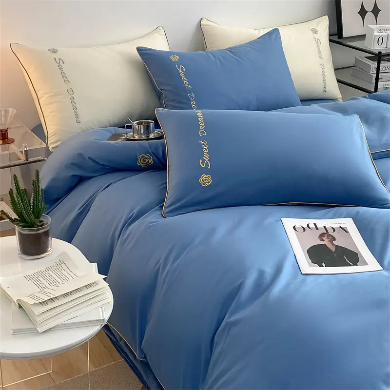 New light luxury silk/cotton fabric 200tc 300tc 400tc Embroidery bedding sets four pieces duvet cover bedding set