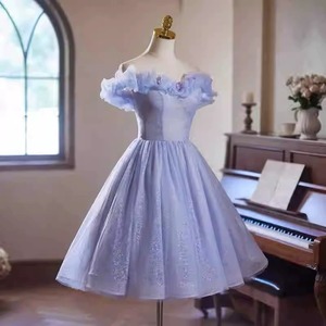 Light Purple Strapless Evening Gown Natural Waist Floral Print Short Elegant Dress For Banquet Birthday Party - Product Image 1
