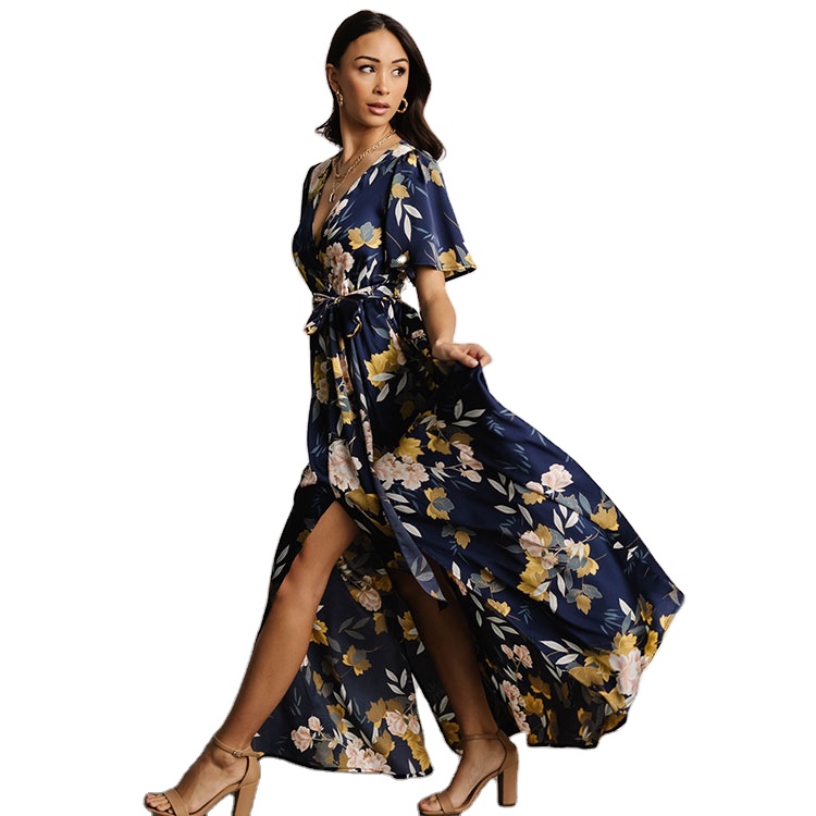 Aschulman Custom 2023 Summer Short Sleeve Ruffle Satin Floral Print Modest Elegant Women Casual Maxi Dresses Ladies