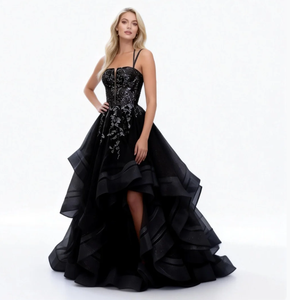 Abito da Sera in Tulle a Strati Grigio con Applicazioni in Pizzo Scintillante e <span class=keywords><strong>Schiena</strong></span> Incrociata per Cerimonie e Matrimoni - Product Image 6