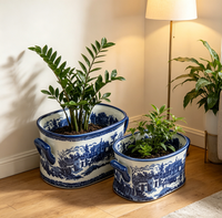 Set 2 Pot Tanaman Keramik Biru dan Putih Gaya Eropa dengan Pola Lanskap, Pot Oval dengan Pegangan Samping, cocok untuk foot bath