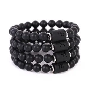 Black Stone Zodiac Bead Astrology Charm Sign Pendant Horoscope Drum Tube Bead Spacer Beaded Stretch Bracelet DIY