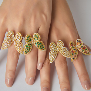 Bague ouverte en laiton plaqué or 14 carats avec zircon, motif papillon, style luxueux, pour le bureau/la carrière, pour femmes - Product Image 2