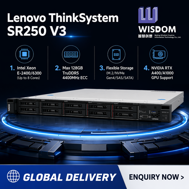 Original New Lenovos ThinkSystem SR250 V3 Intel Xeon E-2456 128GB DDR5 ECC NVMe Gen4 1U Rackmount Enterprise Network Server