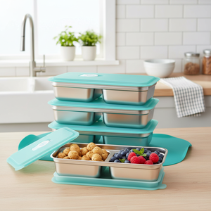 Set di 3 Contenitori per Snack in Acciaio Inox a Prova di Perdite con Coperchi Sigillati, Scatole Bento Riutilizzabili a 2 Scomparti per Preparazione Pranzo - Product Image 3