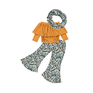 Conjunto de ropa de 3 piezas para niña pequeña, top corto, pantalones acampanados con bufanda, ropa para niña - Product Image 4