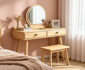 Tocador de maquillaje escandinavo de madera maciza de abedul con espejo y taburete, mesa de tocador para dormitorio con cajones de almacenamiento - Product Image 1