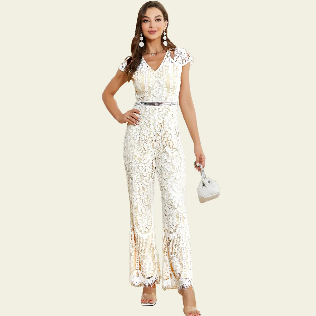 Casual Party Slim Jumpsuit Models Print TICOSA Summer Ladies Fashion New Short Sleeve Wide Leg Pants Set V Neckneck Topslace