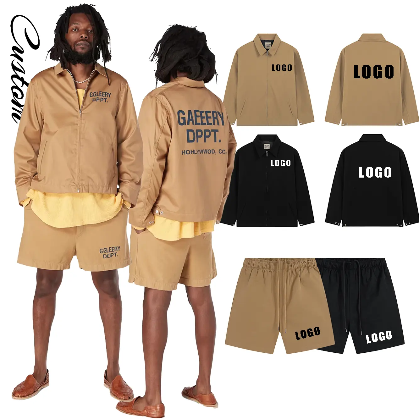 Custom jacket set sweat suit two piece short jogger streetwear mens 3m reflective windbreaker jacket tracksuit set