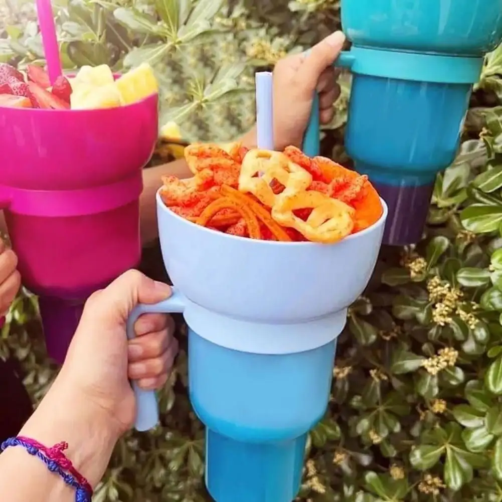 Wholesale beverage 2 in 1 snack and drink cup popcorn 32oz plastic color changing Stadium Tumbler cup with snack tray bowl