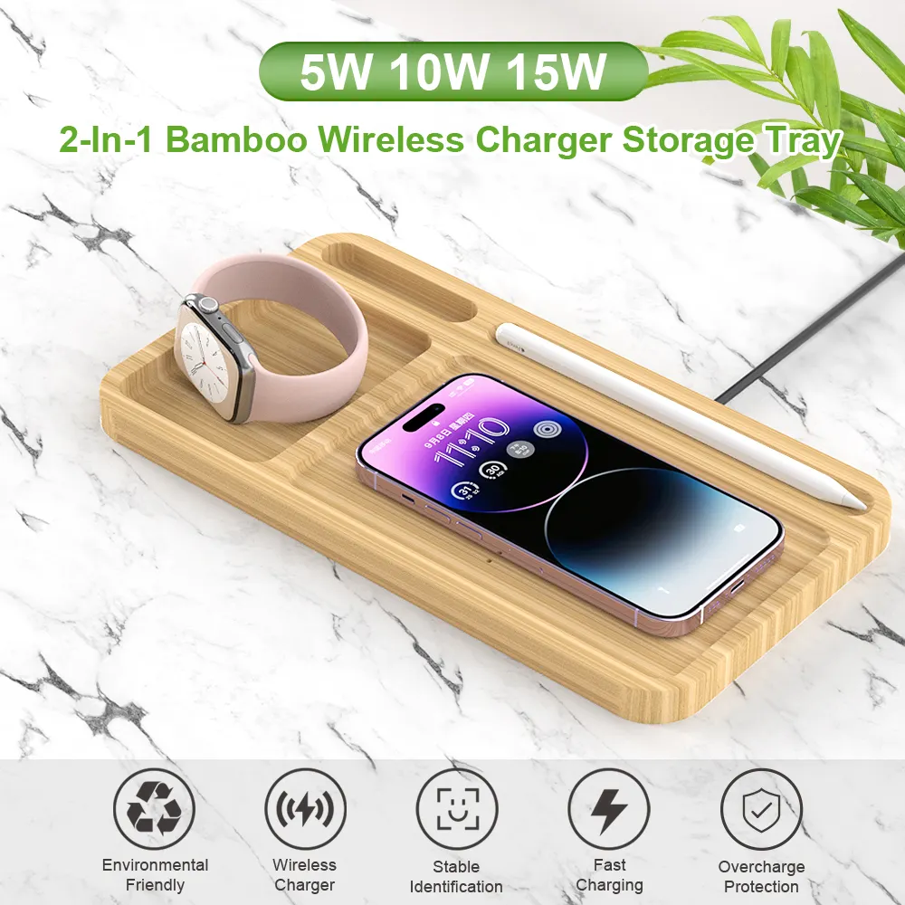 Tendance produit 5W 10W 15W charge rapide Ultra mince bambou bois bureau chargeur de téléphone sans fil plateau de rangement