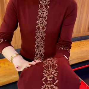 Women's Knit <b>Top</b> High Neck Solid Color Rhinestone Base <b>Layer</b> Plus Size Soft Acrylic Fiber Autumn Winter Wear - Product Image 1