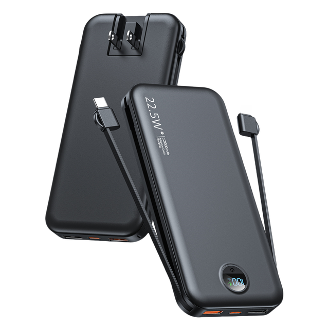 Portable 10000mAh Power Bank Foldable AC Plug Wall Charger Built-in Cable 2-in-1 Fast Charging PD20W LED Display Travel Type-C