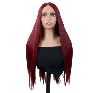 Peluca de encaje frontal de fibra sintética resistente al calor <span class=keywords><strong>1557</strong></span> roja con cabello largo y liso y línea de cabello natural - Product Image 5