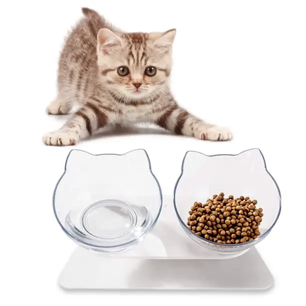 Ikitchen Cat Shape Pet Feeding Bowls Cat Double Stainless Steel Dog Bowl Custom Raised Elevated Dog Cat Bowls