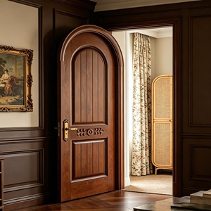 Portes en bois massif à arche personnalisées, sculptées à la main avec un motif floral, étanches et insonorisées, pour entrée résidentielle - Product Image 3
