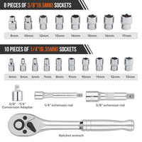 Kit d'outils à douilles métriques 22 pièces en acier au chrome-vanadium, 4-17 mm, 1/4'' et 3/8'', à commande manuelle. Barres d'extension pour clés à cliquet