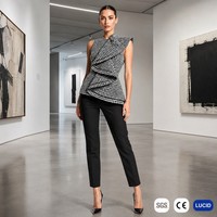 Ensemble deux pièces asymétrique 3D sculptural superposé en pied-de-poule 260 GSM avec pantalon slim pour femme, style avant-gardiste, OEM XS-5XL