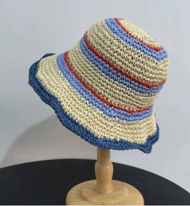 Handwoven Striped Straw Bucket Hat Woven Sun Hat Lightweight Casual Beach <b>Cap</b> for Spring and <b>Summer</b> - Product Image 1