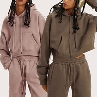 Huili kustom Logo 100% katun kosong tracksuit 2 potong sesuai Set French Terry Pullover Crop Top dasar Hoody dan jogging wanita