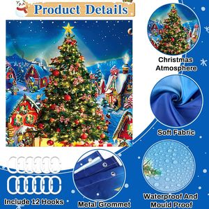 Blue Winter Holiday Xmas Tree Bathroom <b>Shower</b> Curtain 3D Christmas Tree Home Decor with <b>Hooks</b> for Christmas and Winter Seasons - Product Image 4