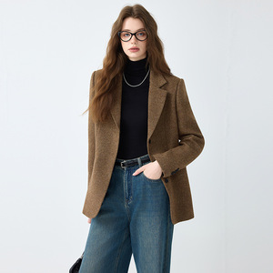 Women's Woolen Blazer Herringbone Pattern Coffee Color Anti-Wrinkle Professional Casual Suit Jacket - Product Image 3